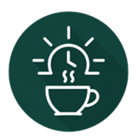 Icon of a cup with steam and a clock, inside a green circle.
