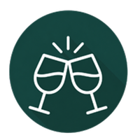 Two clinking wine glasses icon on a green circle