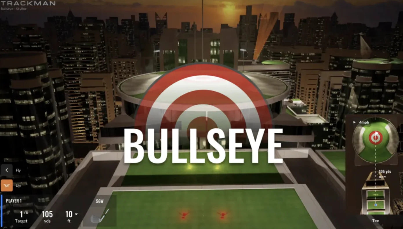 Soccer game interface with 'Bullseye' text and target design on a cityscape background