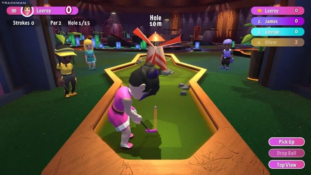 Miniature golf game in a virtual environment with characters and equipment.