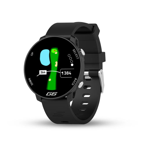 Black smartwatch with a golf course display on a white background